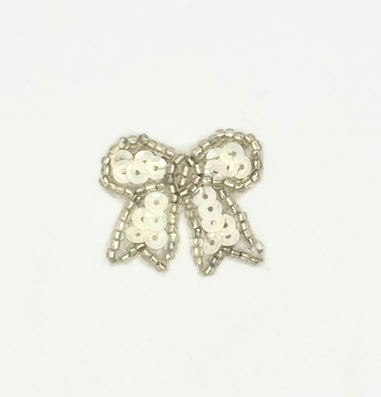 Bow - Iridescent White Sequins - Silver Beads 1.25" x 1"