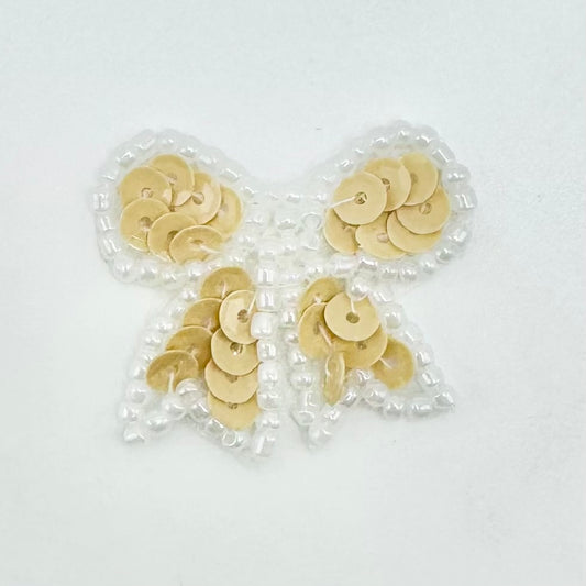 Bow - Beige Sequins White Beads 1.25" x  1"