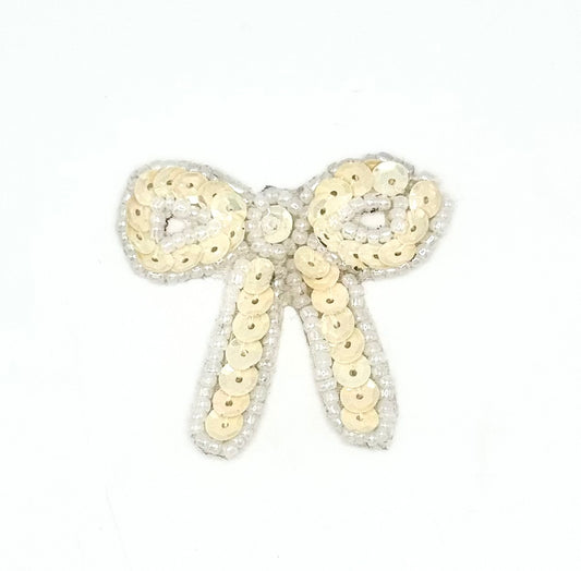 Bow - China White Sequins - White Glass Beads 1.75" x 1.5" Pre-glued