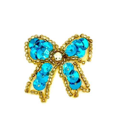 Bow with Turquoise Sequins and Gold Beads 1.25" x 1"