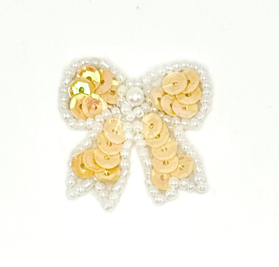 Bow with Iridescent Beige Sequins and White Glass Beads Sequins 1.25" x 1.25"
