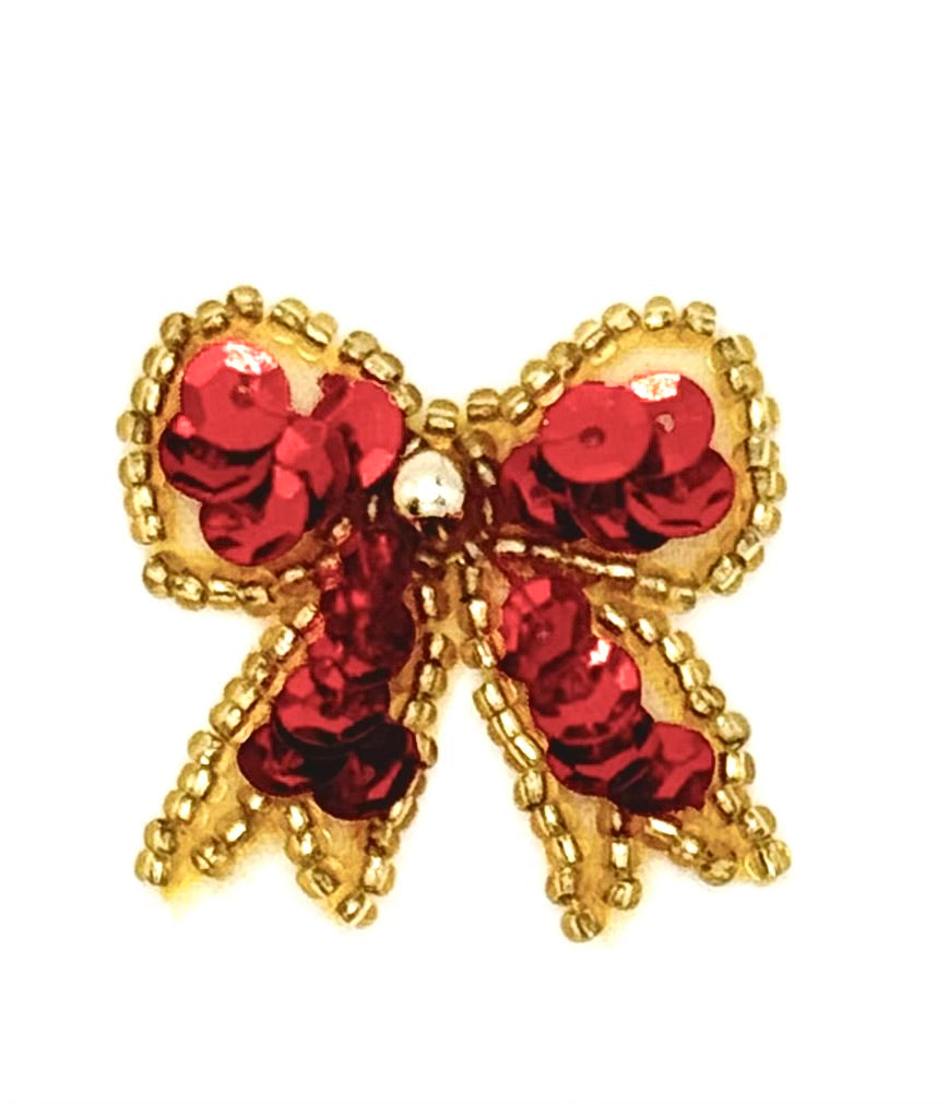Bow with Red Sequins and Gold Glass Beads - Choice of 2 Sizes - 1.75" or 1.25"