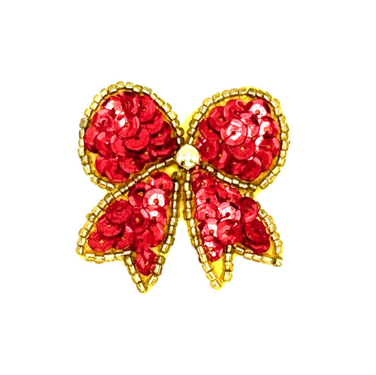 Bow with Red Sequins and Gold Glass Beads - Choice of 2 Sizes - 1.75" or 1.25"
