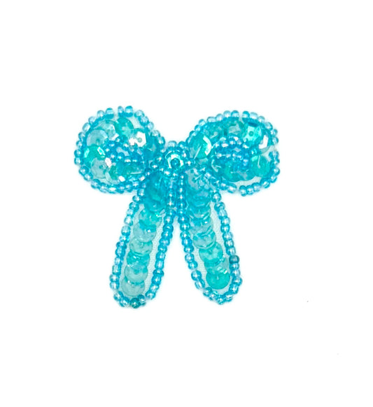 Bow with Baby Blue Sequins and Beads 1.75" x 1.75"