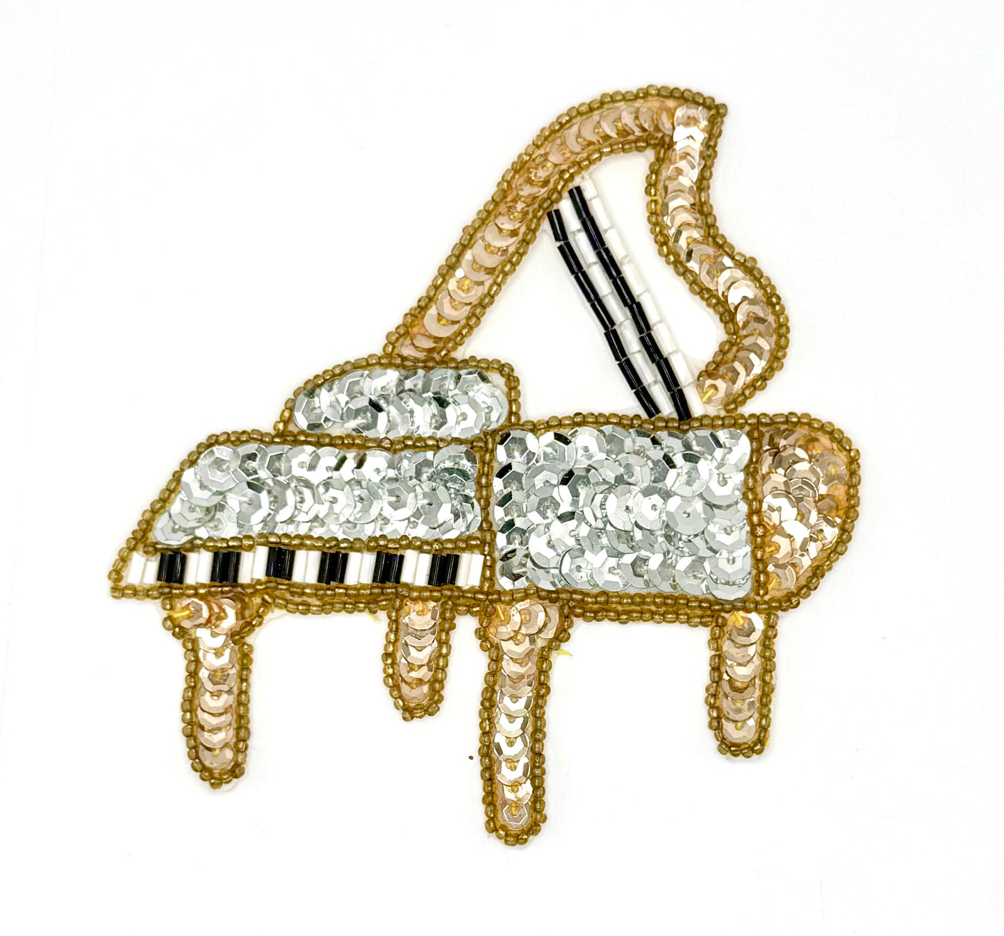 Grand Piano with Gold and Silver Sequins - Gold, White and Black Beads 4.5" x 4.25"