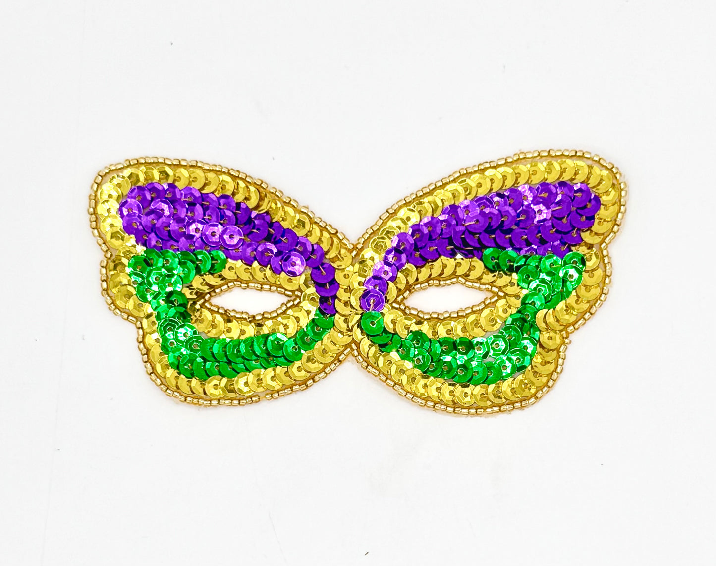 Mardi Gras Mask - Purple, Green and Gold Sequins - Gold Glass Beads  4.75" x 2.25"