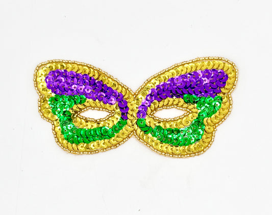 Mardi Gras Mask - Purple, Green and Gold Sequins - Gold Glass Beads  4.75" x 2.25"