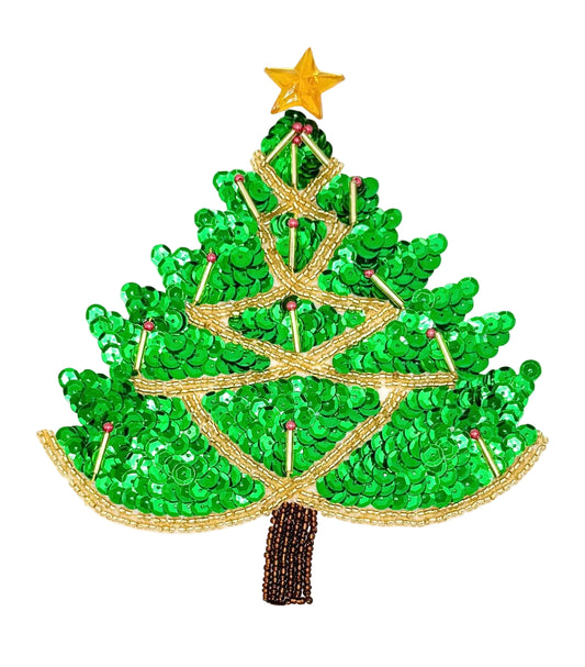 A sequined Christmas tree appliqué  with green sequins, gold glass bead trim, a gold star topper, and a brown beaded trunk, shown on a plain white background.