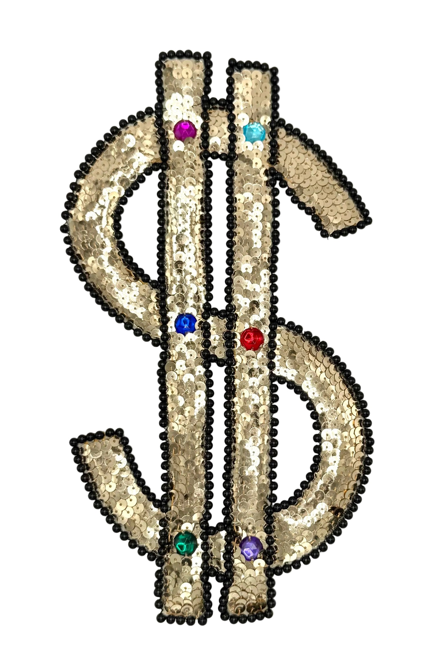 Sequined dollar sign with colored gemstones on a white background