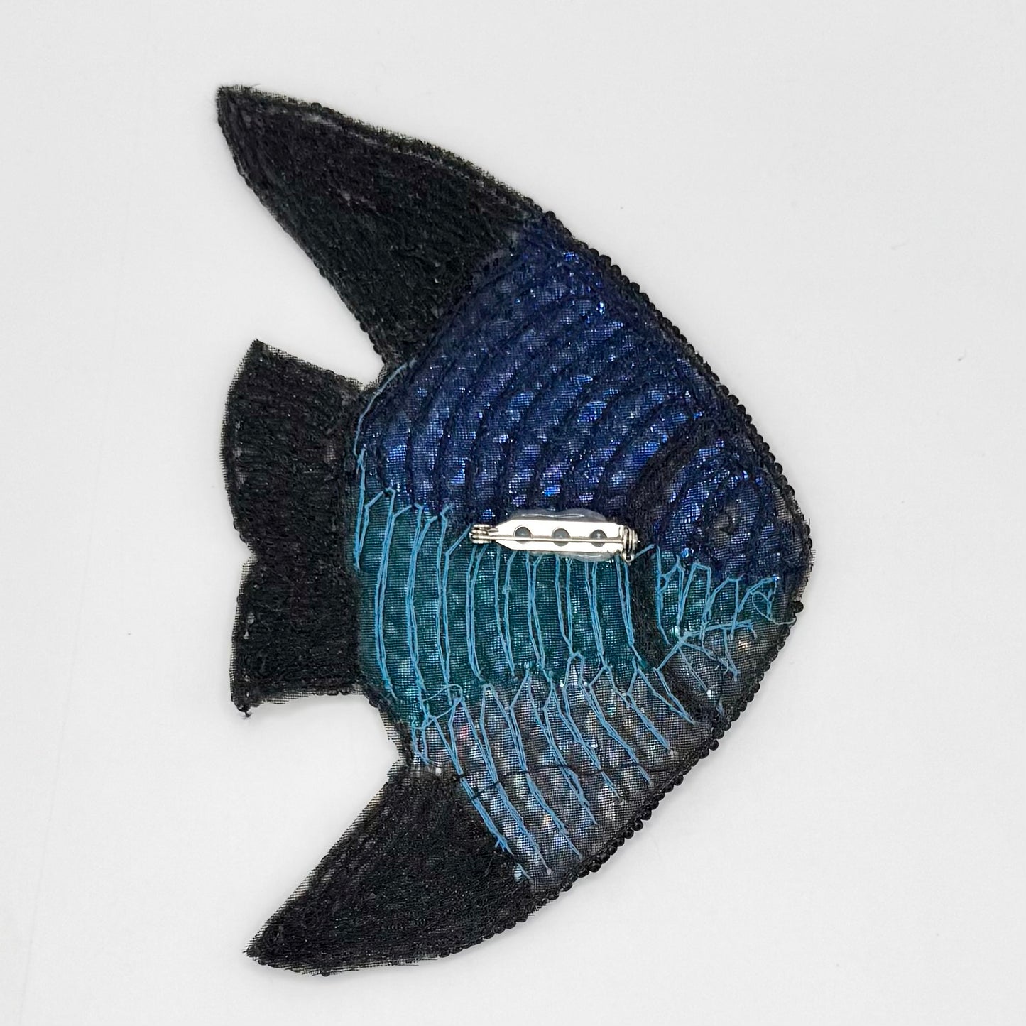 Fish Appliqué - Blue/Turquoise/Iridescent Gray Sequins -  Black Beads, 5.5" x 3.75"