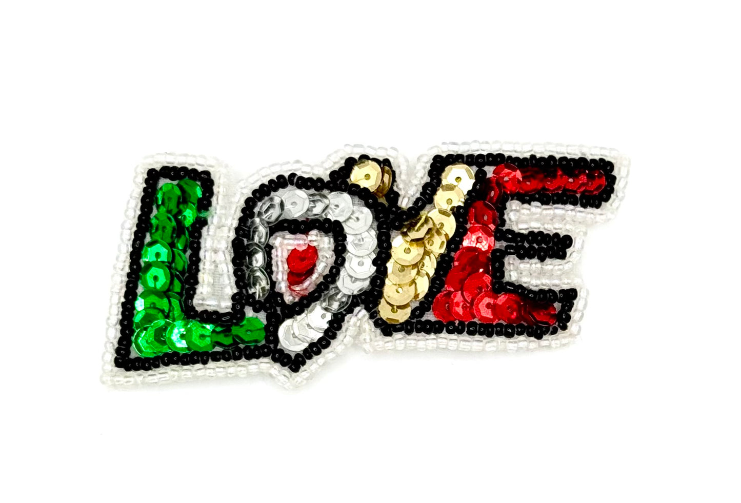 Colorful 'LOVE' patch with sequins on a white background