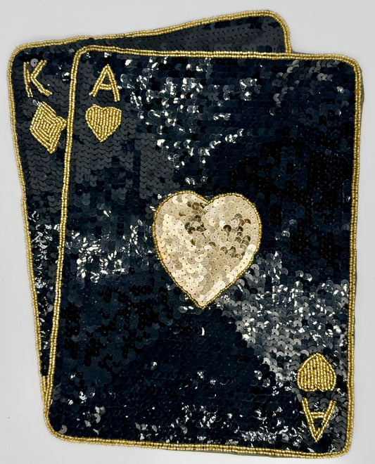 Naipes As y Rey con Lentejuelas Negras Planas y Cuentas Doradas de 30.5 cm x 25.4 cm