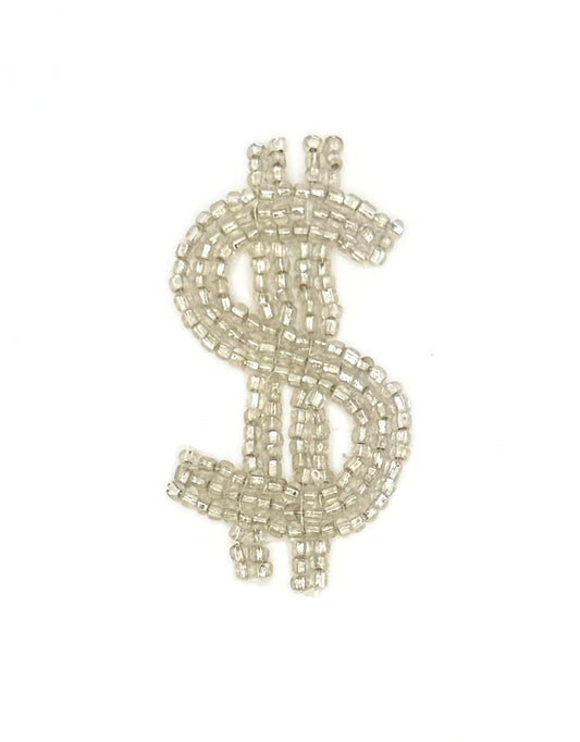 Dollar Sign Appliqué, Silver Beads 3" x 1.5"