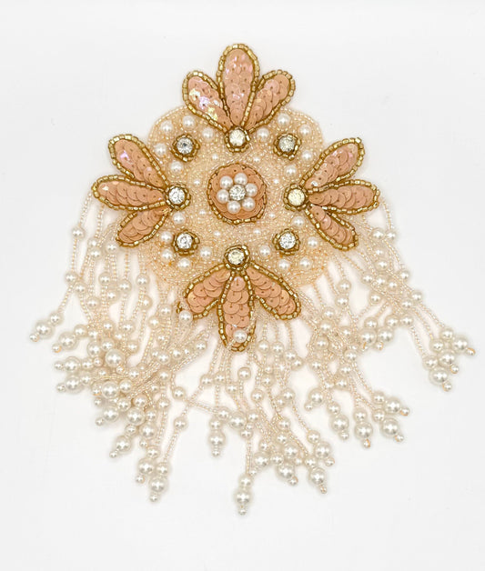 Epaulet - Peach Iridescent Sequins/Beads - Pearls and Rhinestones 8" x 5"