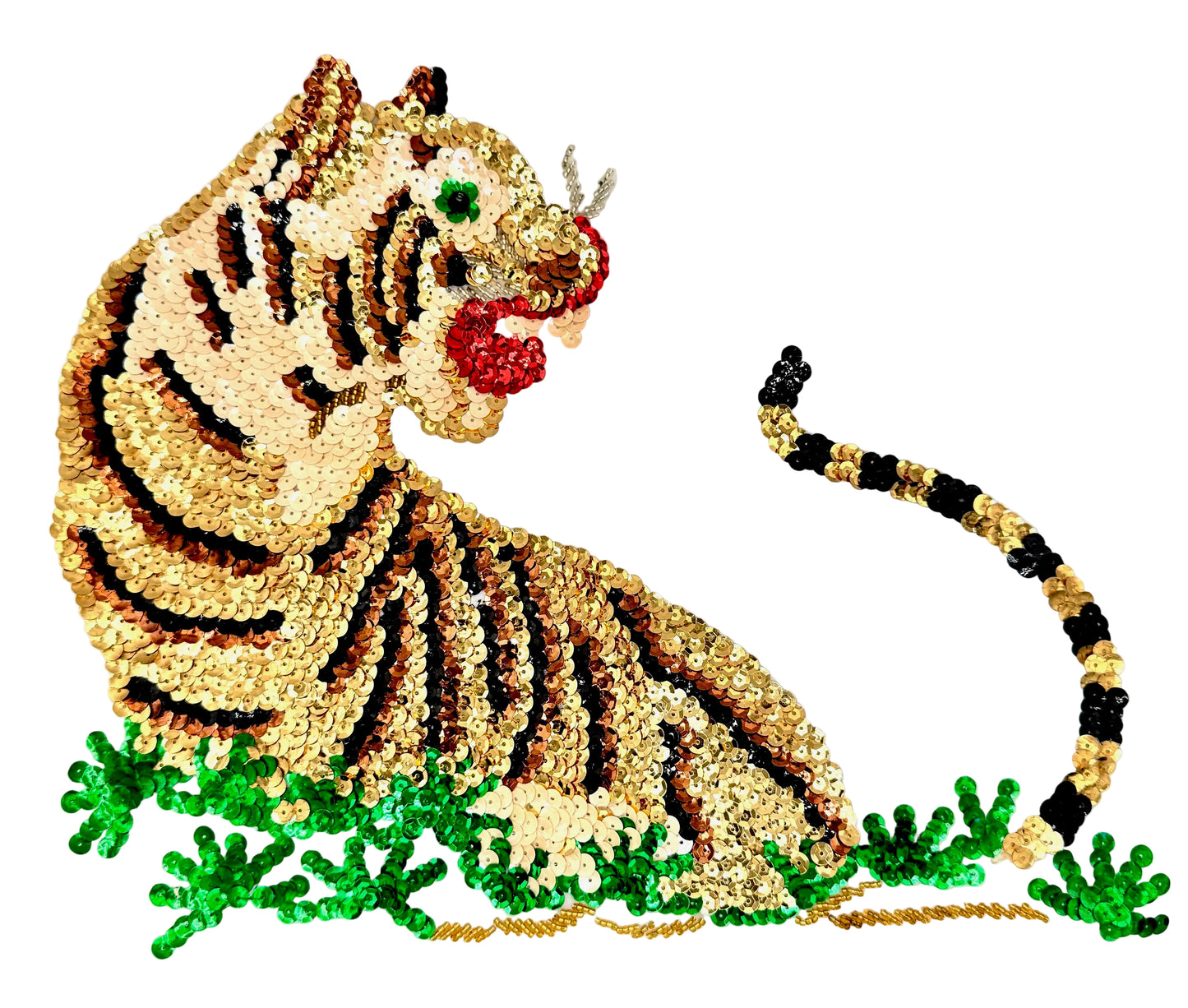Tiger design made of sequins on a white background
