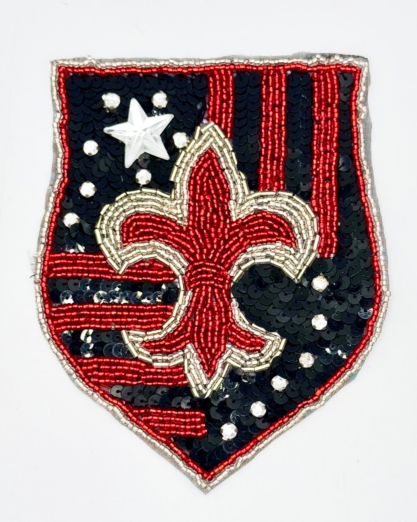 Sequin Fleur-de-Lis Crest Appliqué with Black Sequins and Red and Silver Beads 4.75" x 6"