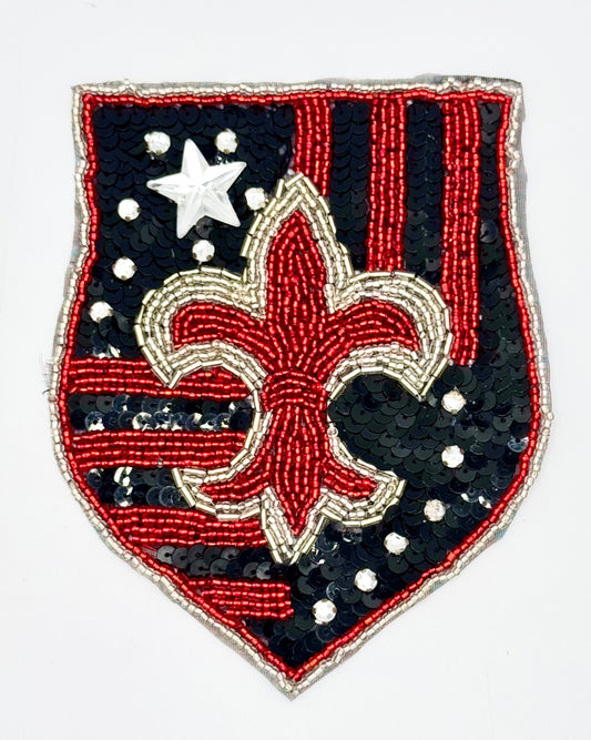 Sequin Fleur-de-Lis Crest Appliqué with Black Sequins and Red and Silver Beads 4.75" x 6"