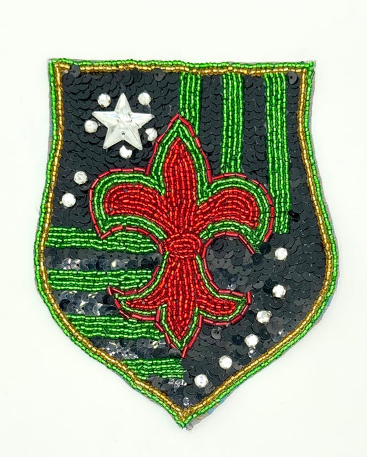 Sequin Fleur-de-Lis Crest Appliqué with Black Sequins and Red, Green and Gold Beads 4.75" x 6"