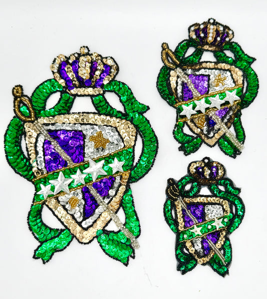 Choice of Size Mardi Gras Crest with Purple, Green and Gold Sequins and Beads