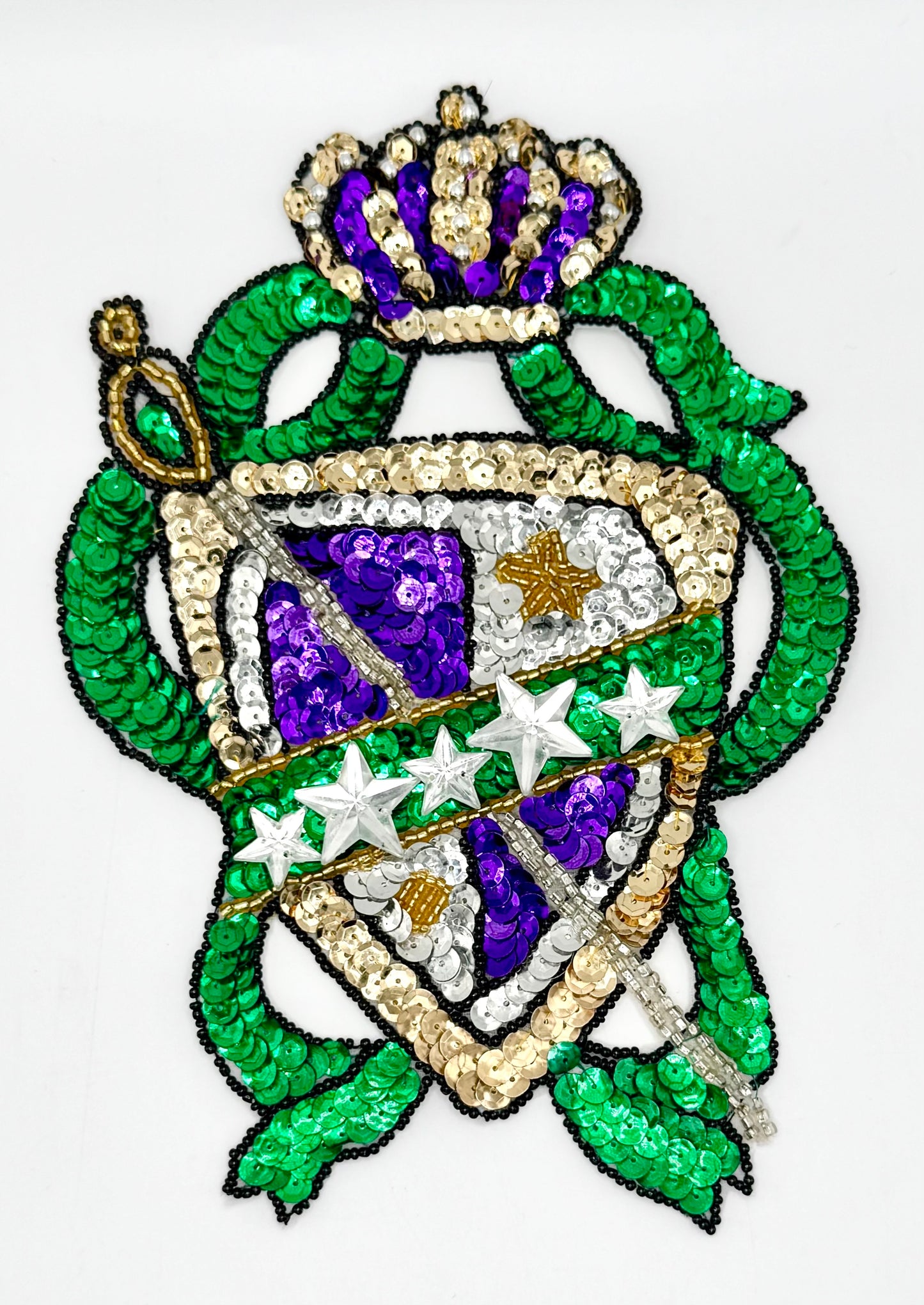 Choice of Size Mardi Gras Crest with Purple, Green and Gold Sequins and Beads