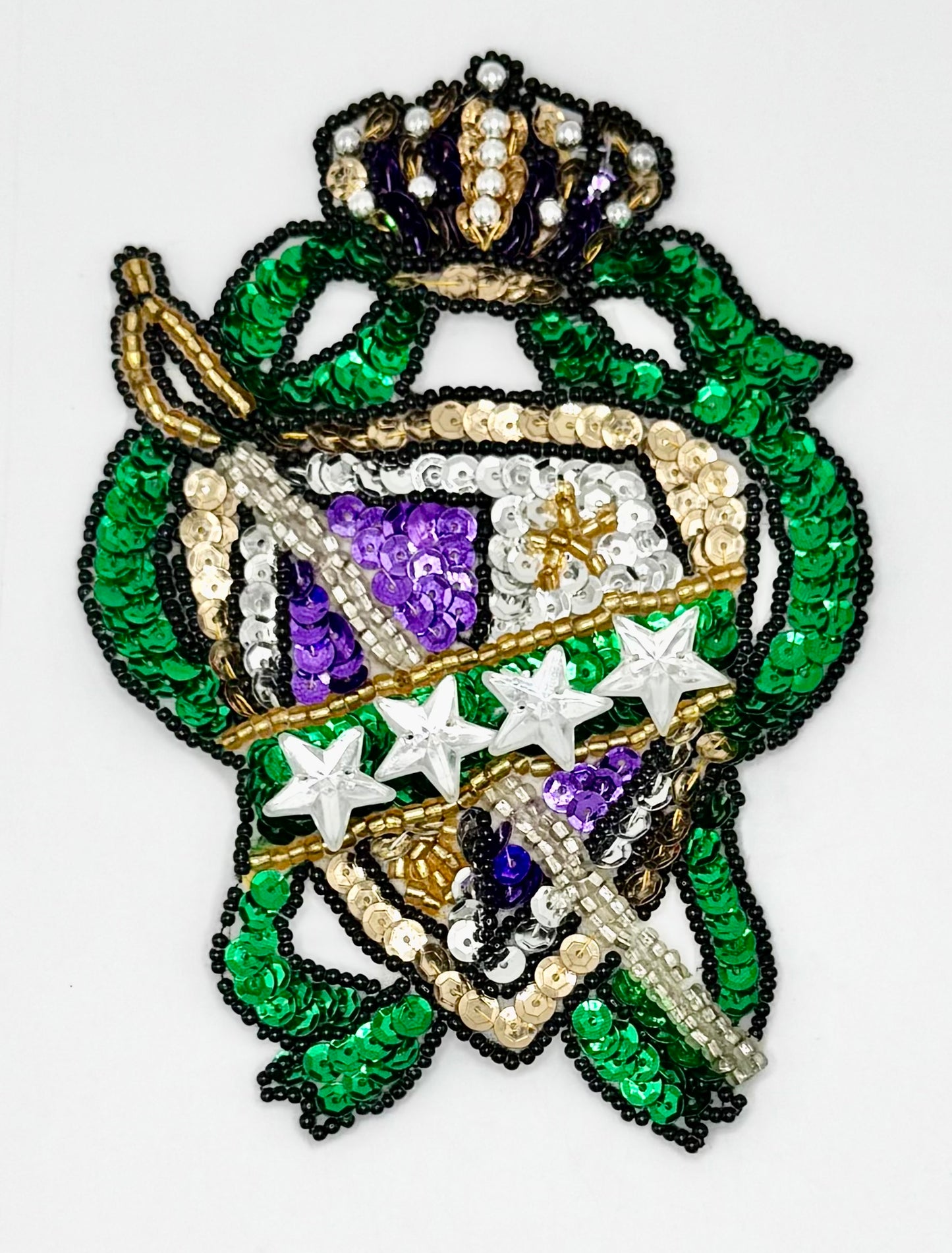 Choice of Size Mardi Gras Crest with Purple, Green and Gold Sequins and Beads