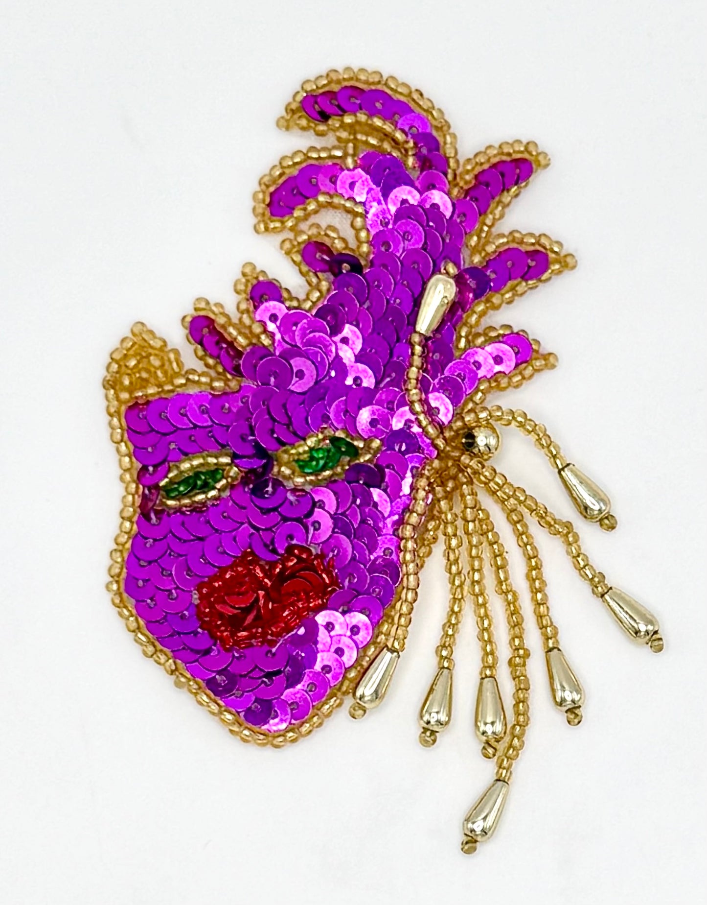 Mardi Gras Face - Purple, Green and Gold Sequins and Beads  with Bead Earrings 3.25" x 2"