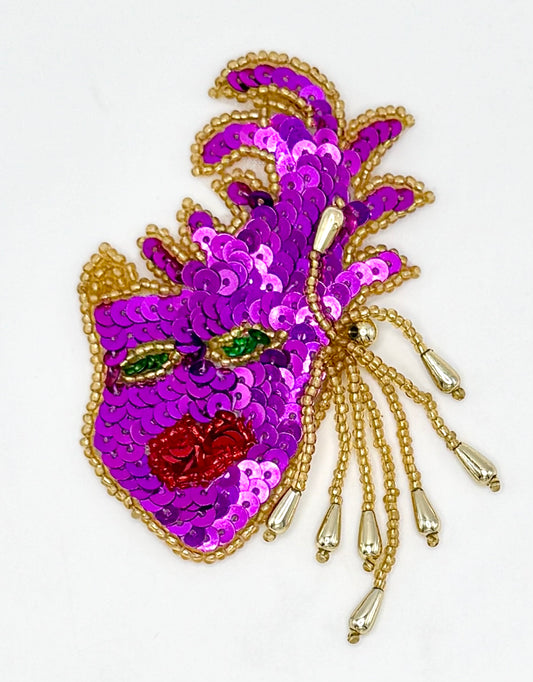 Mardi Gras Face - Purple, Green and Gold Sequins and Beads  with Bead Earrings 3.25" x 2"