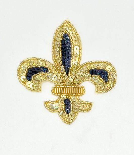 Fleur de lis with Gold and Iridescent Black Spotlight Sequins and Beads 3.5" x 2.5"