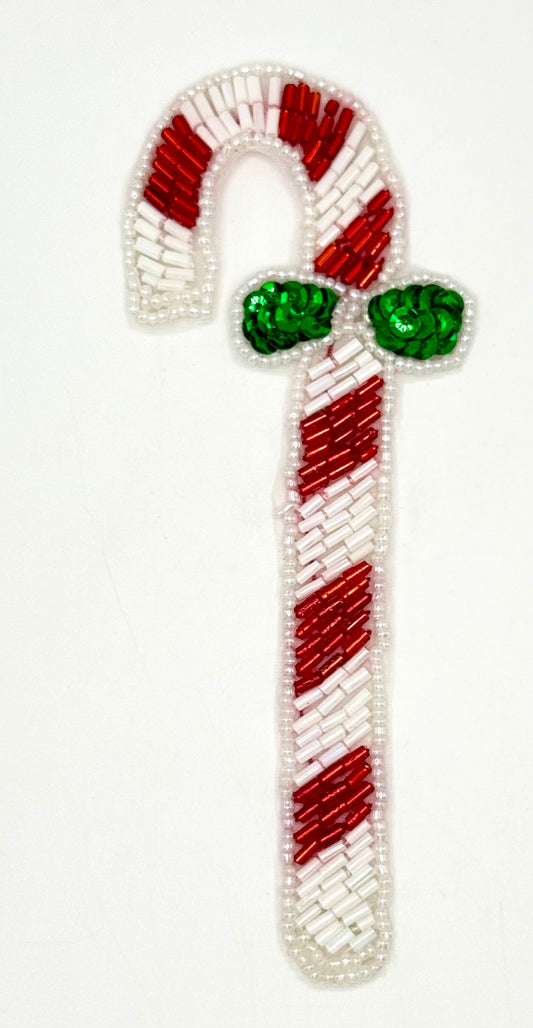 Bastón de Caramelo con Lazo - Cuentas Blancas y Rojas con Lazo Verde 6" x 2.5"