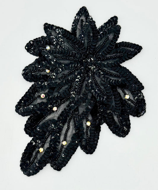 Black Multi Layered Flower with Sequins, Beads and Rhinestones 6.75" x 5.25"