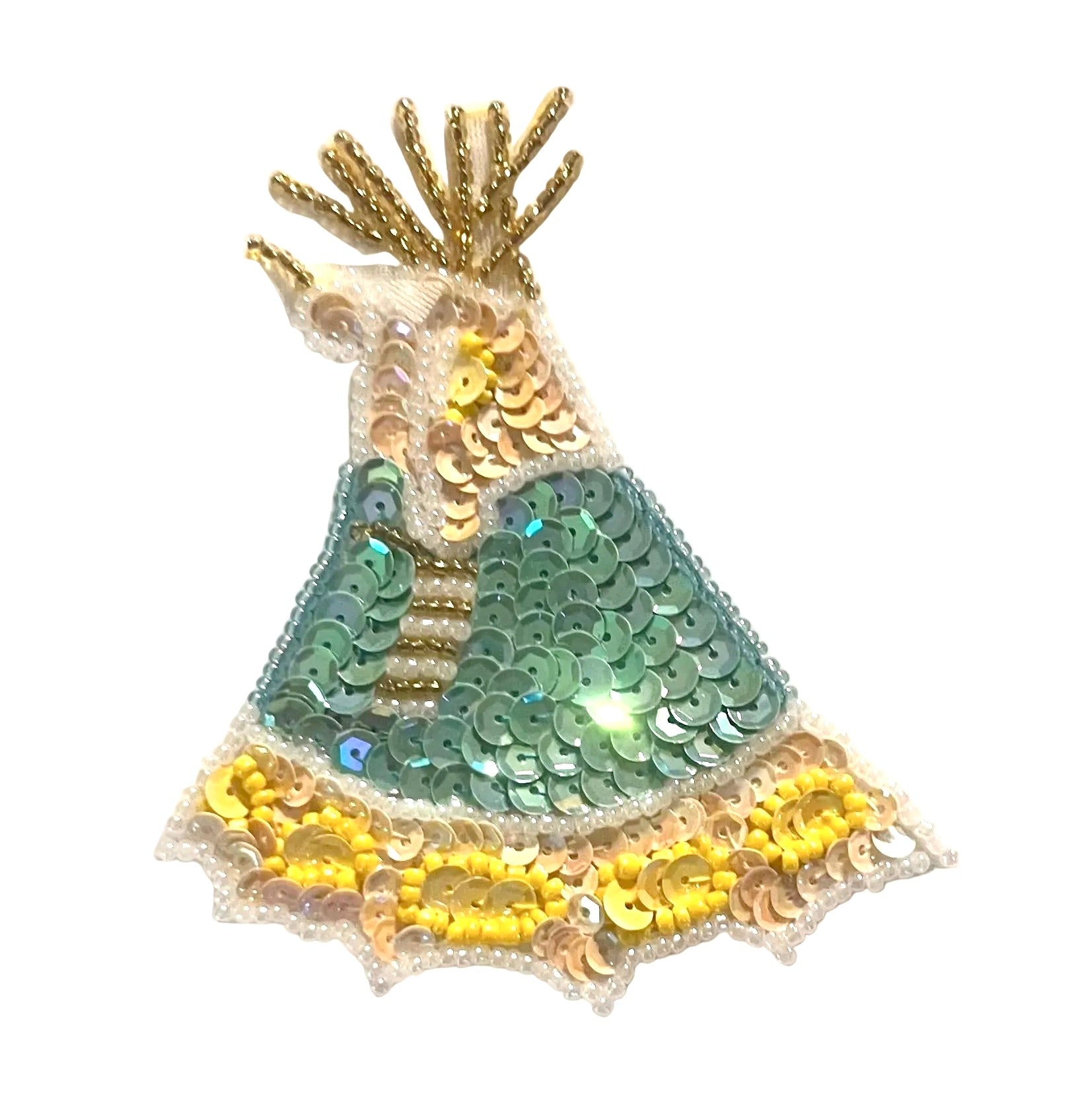 Decorative sequin teepee patch with green sequins and gold beads on a white background