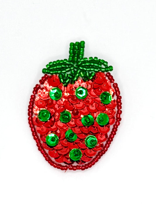 Strawberry Appliqué with Red and Green Sequins and Beads 2.25" x 1.5"