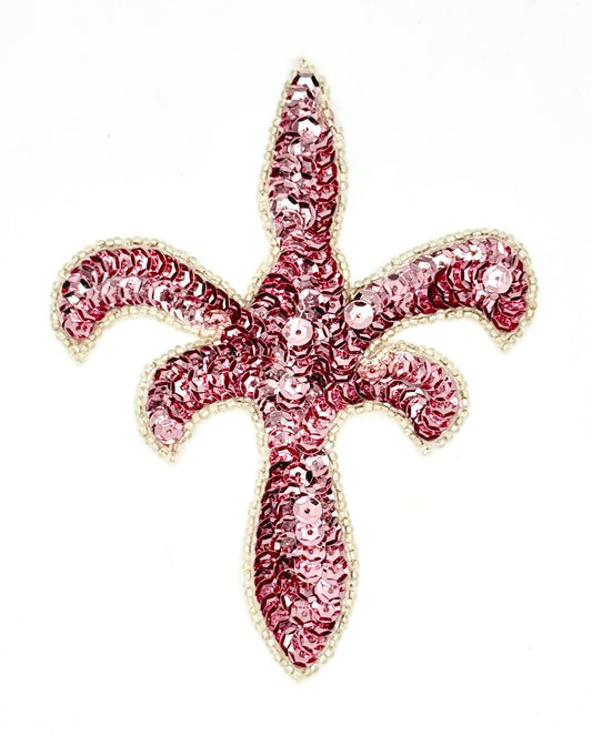 Fleur de lis - Pink Sequins and Silver Beads 5" x 4"