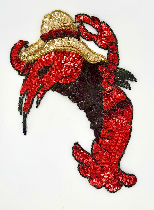 Crawfish Wearing Cowboy Hat Appliqué -  Red, Black and Gold Sequins and Beads 7.5" x 6"