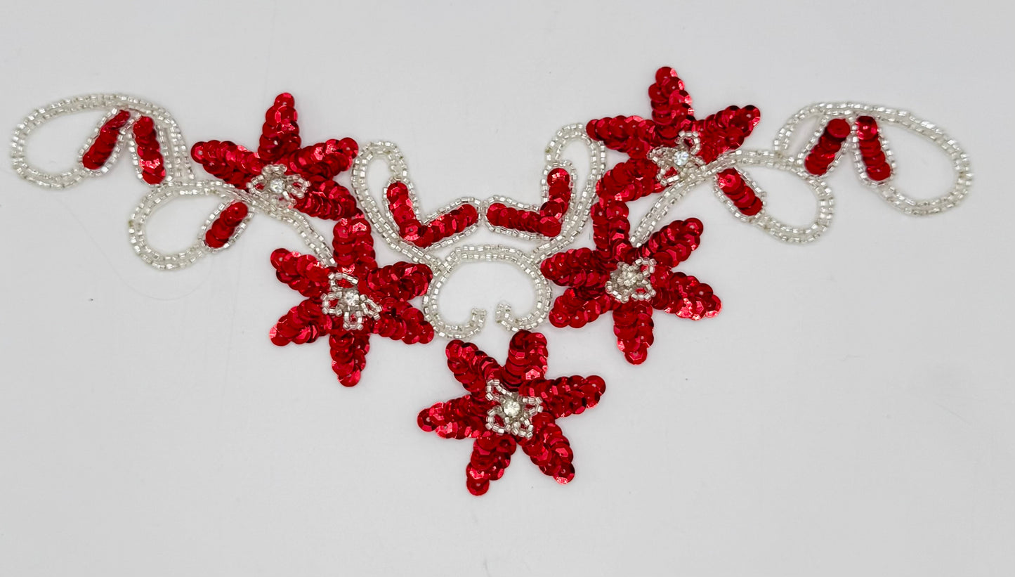 Escote floral con lentejuelas rojas - Cuentas de cristal plateadas - 5 diamantes de imitación 11.5" x 6"