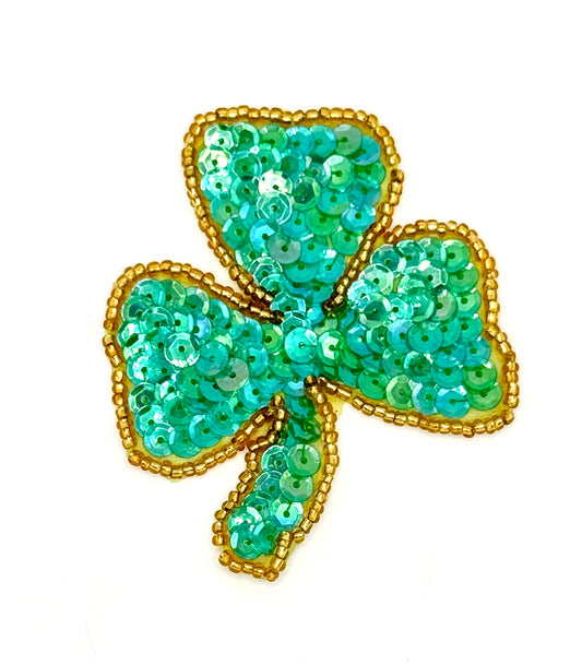 Three Leaf Clover - Turquoise Sequins with Gold Beads - 2 3/4" x 1 3/8"