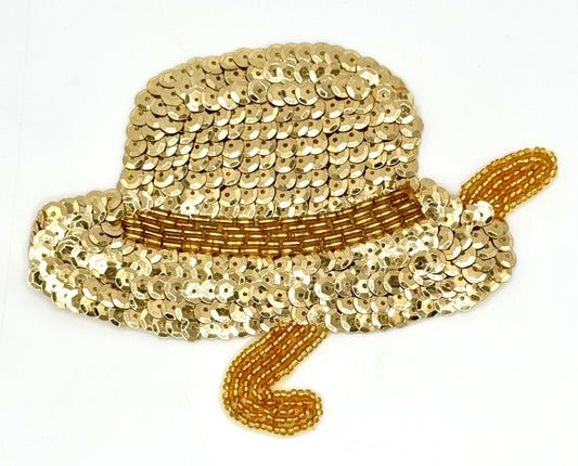 Sombrero con bastón - Lentejuelas y cuentas doradas 5.5" x 4"
