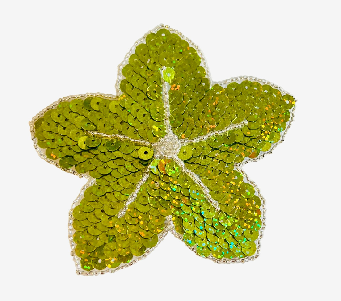 Flower with Lime Green Sequins - Silver Glass Beads 4.25" x 4.25"