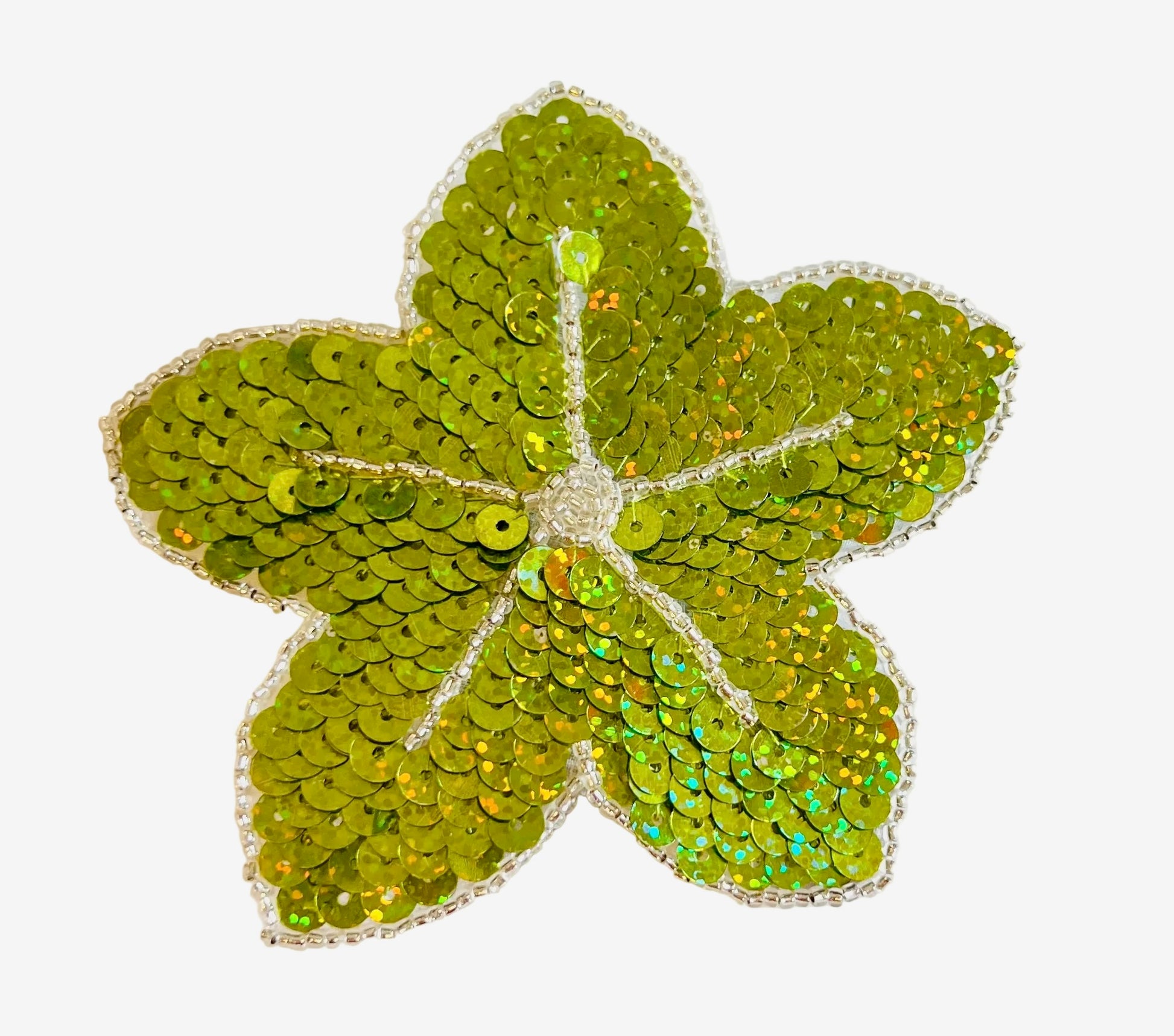 Flower with Lime Green Sequins - Silver Glass Beads 4.25" x 4.25"
