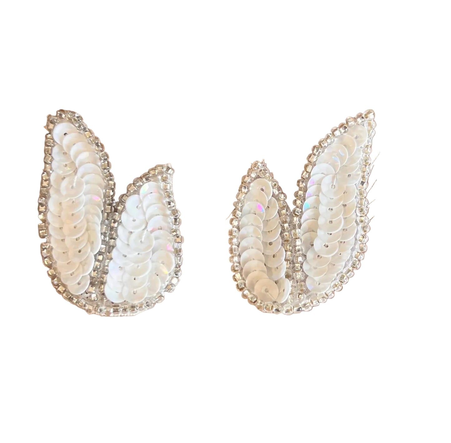 Leaf Pair or Single - White Sequins - Silver Beads 2.25” x 1.25”