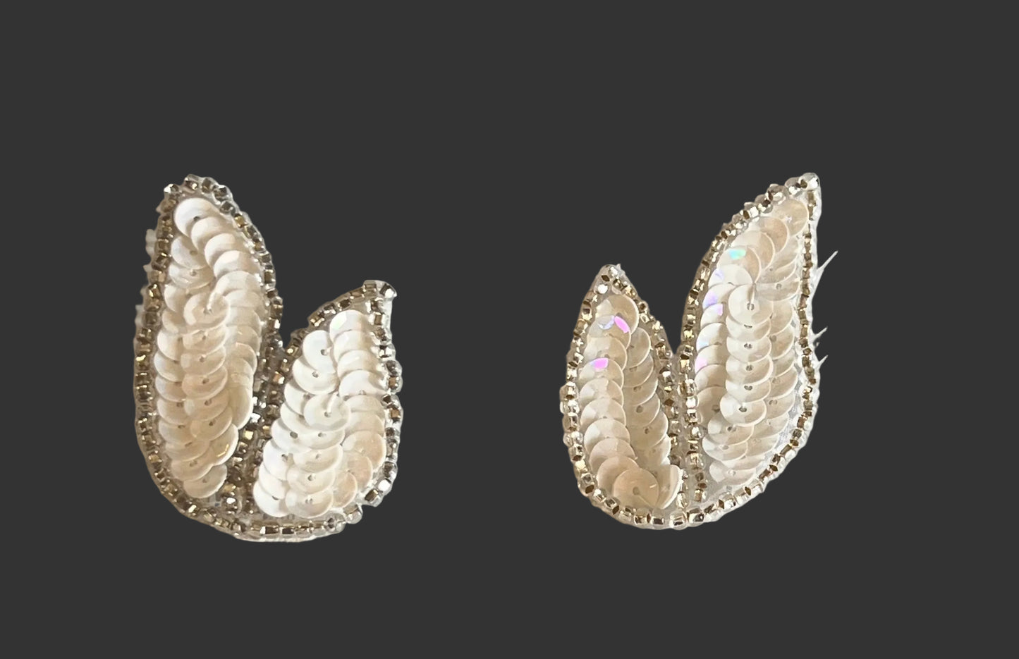 Leaf Pair or Single - White Sequins - Silver Beads 2.25” x 1.25”