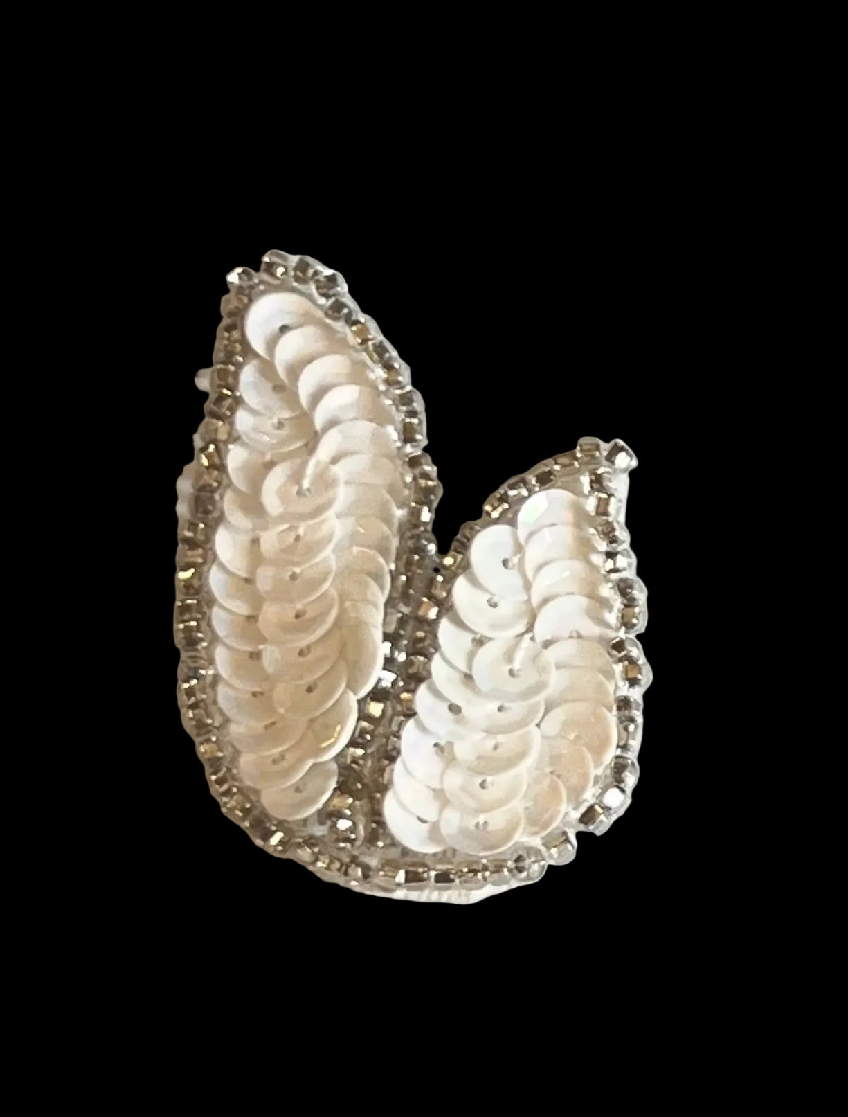 Leaf Pair or Single - White Sequins - Silver Beads 2.25” x 1.25”