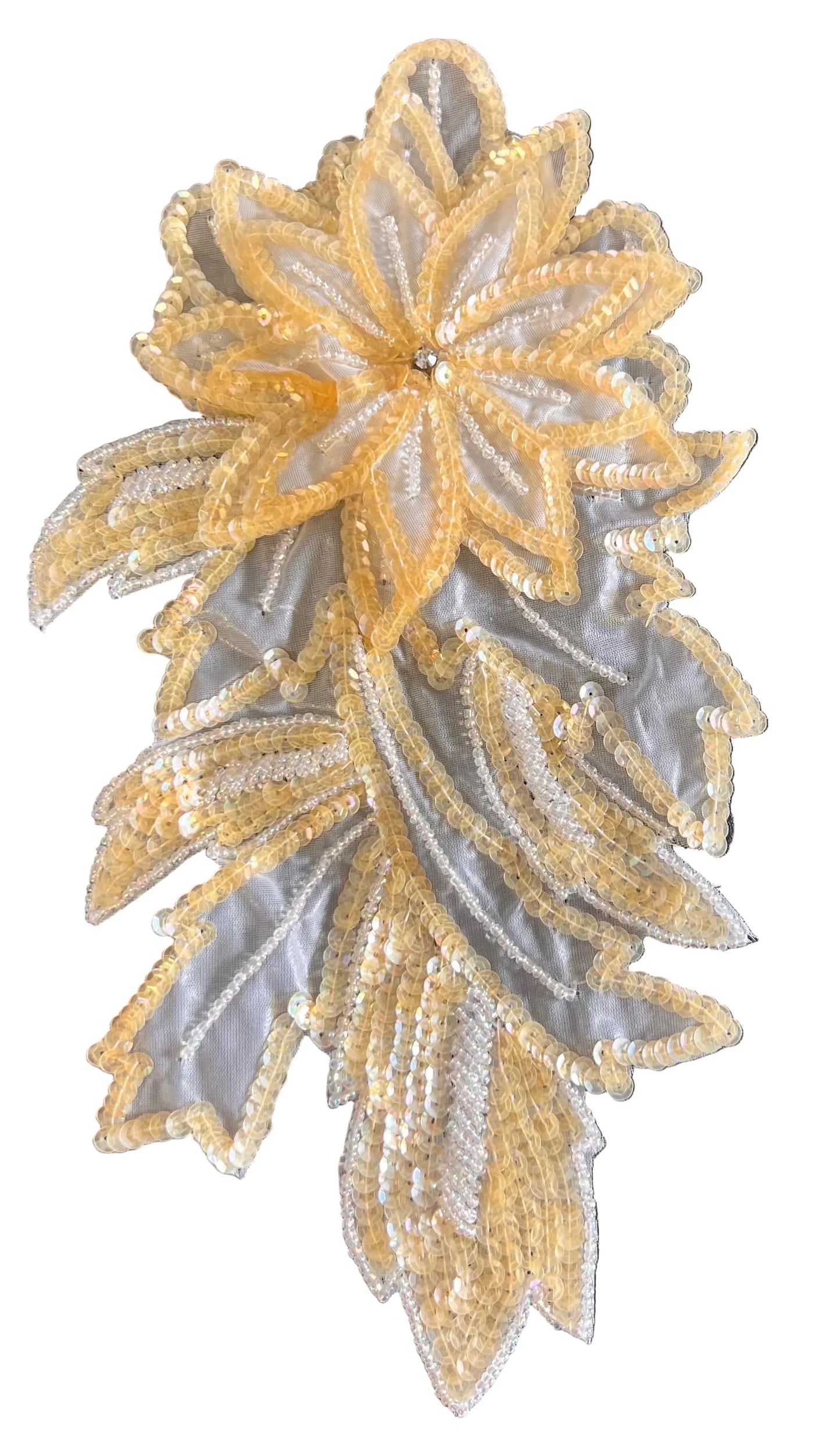 Flor con Lentejuelas Iridiscentes Durazno y Blancas y Cuentas de Diamantes de Imitación 25.4 cm x 14 cm