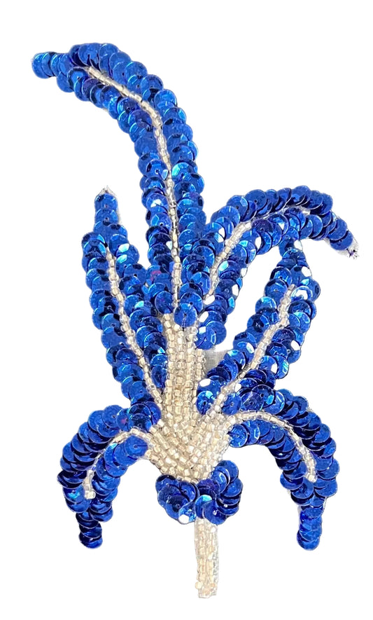 Flor - Lentejuelas azul real y cuentas plateadas 15.24 cm x 8.25 cm