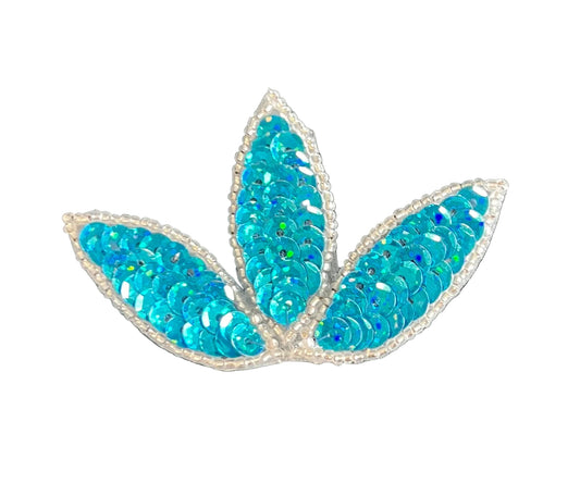 Designer Motif Three Leaf Appliqué with Dark Turquoise and Silver Beads 3” x 2”