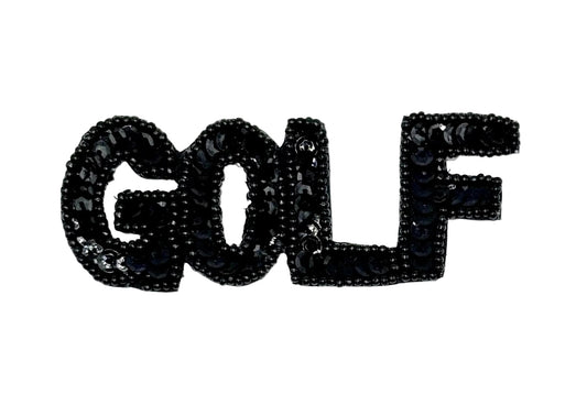 La palabra golf deletreada en lentejuelas y cuentas negras de 4" x 1.5"