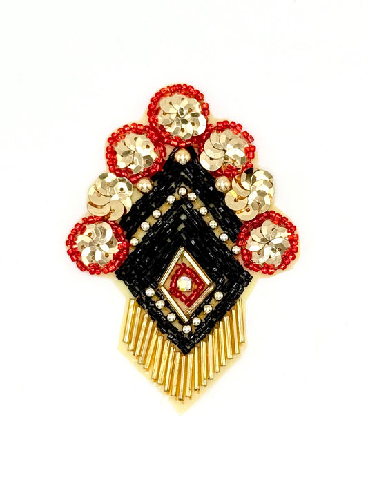 Escudo con lentejuelas y abalorios rojos, negros y dorados - Diamante de imitación central - 7 cm x 5 cm