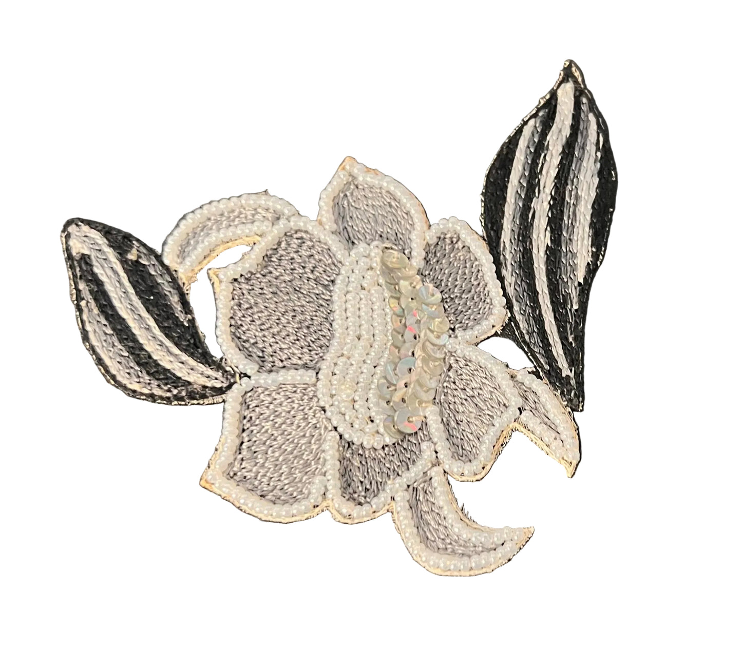 Flower Appliqué with Two-Tone Grey Embroidery with Sequins and Beads 3.5" 3.5"