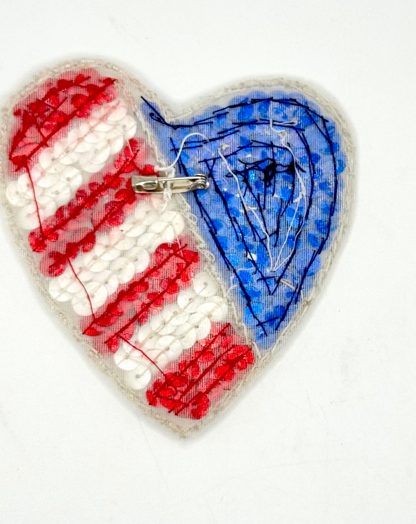 Handmade Flag Heart - Red/White/Blue Sequins - Silver Glass Beads 3.5" x 3.5”