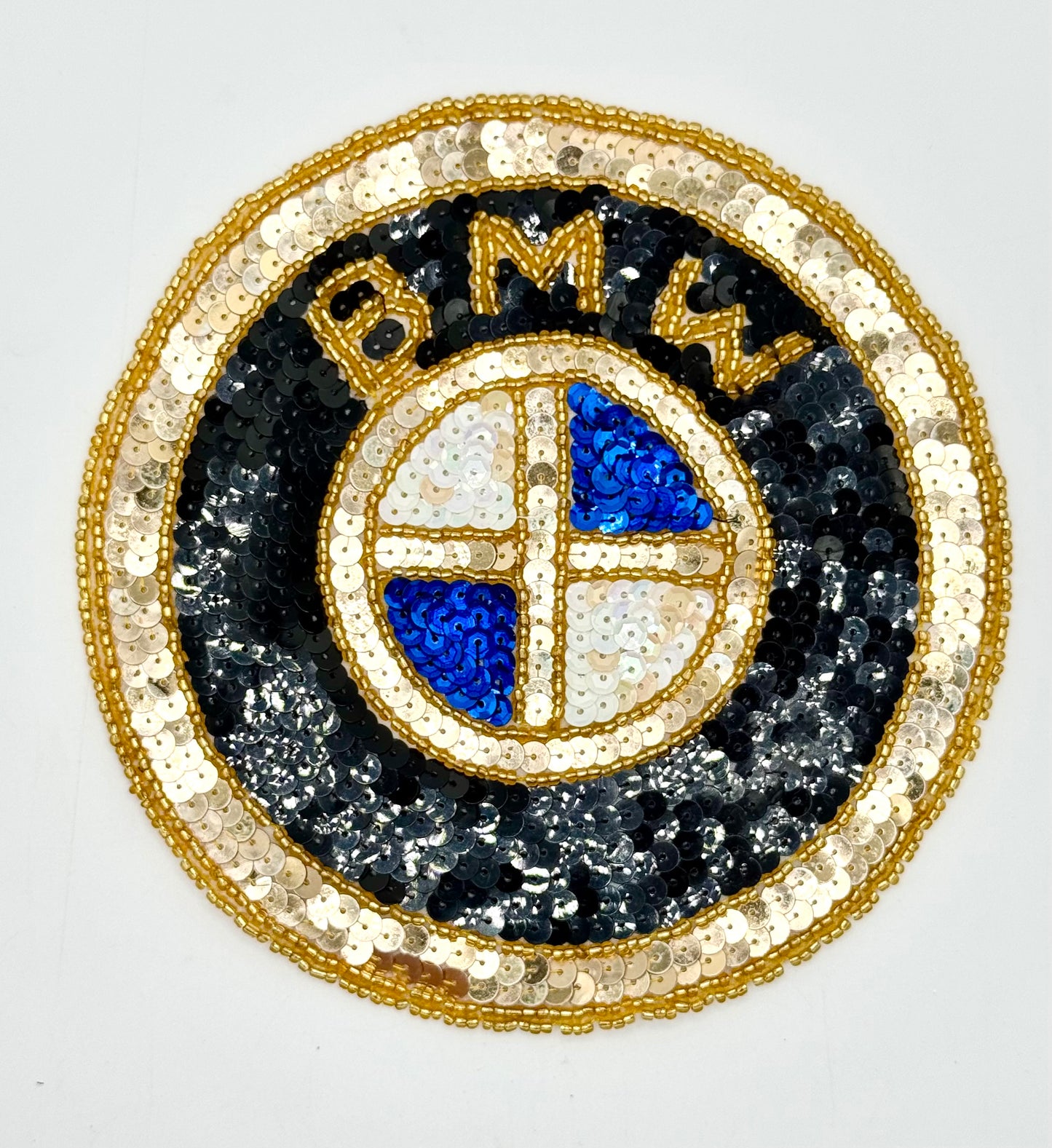 Elección de tamaño del emblema, bordado de lentejuelas en dorado, negro, blanco y azul, de 6" o 12"